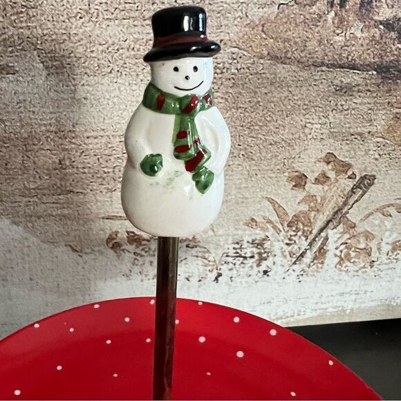 Rear Vintage Toscany Snowman 2 Tiered Glass Set by Lynda Sylvester - Picture 2 of 9